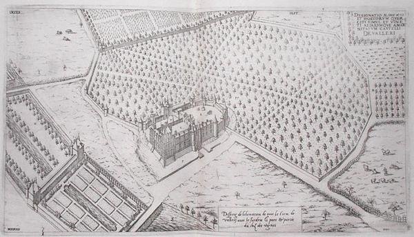 Chateau de Vallery kertekkel, parkkal és a szőlőültetvény egy részével, a Les Plus Belles Bastiments de France-ból, 1570-es évek (metszet) alkotó: J. Androuet  Ducerceau