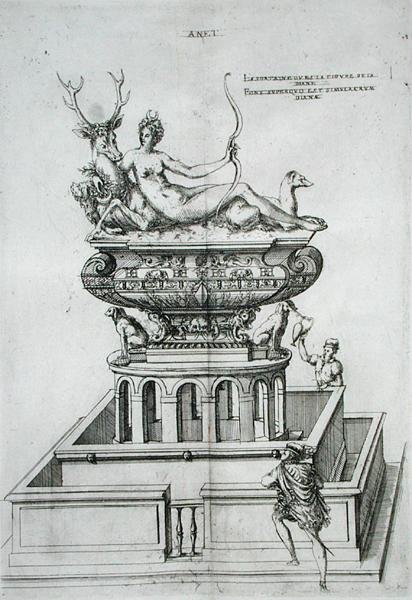 Szökőkút-terv, a Les Plus Belles Bastiments de France-tól, 1570-es évek (metszet) alkotó: J. Androuet  Ducerceau