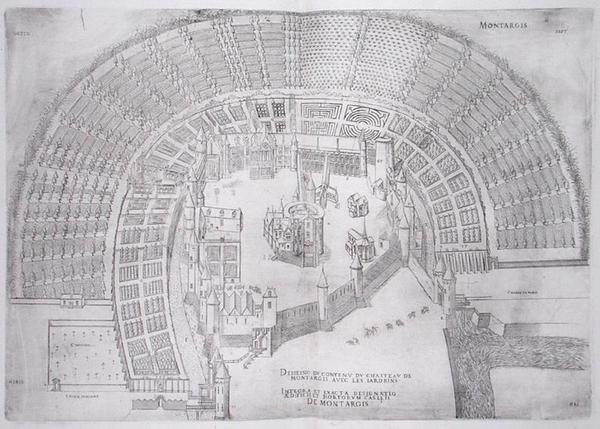 Montargis kastélya és kertjei a „Les Plus Belles Bastiments de France”-ból, az 1570-es években (metszet) alkotó: J. Androuet  Ducerceau