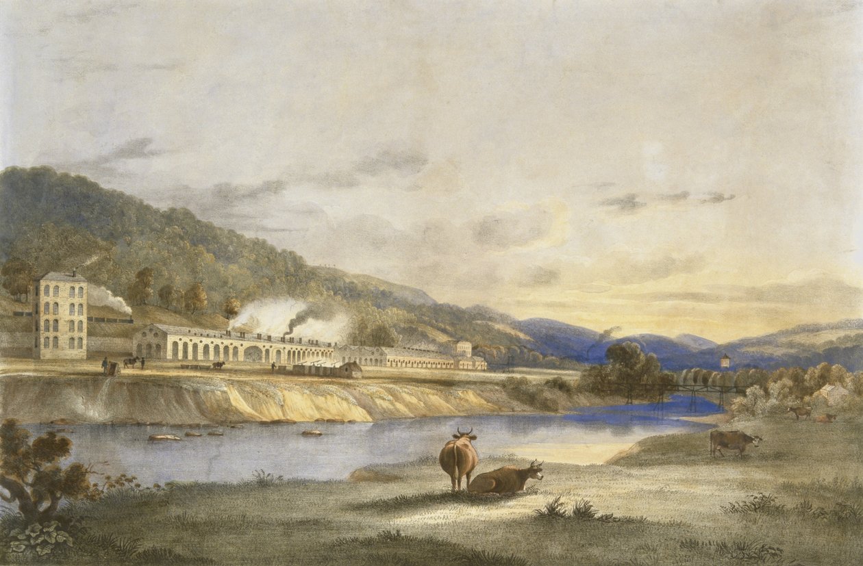 Trefforest Tin Works, Glamorganshire, 1840 körül (kézzel színezett litográfia papírra) alkotó: J. Appleby