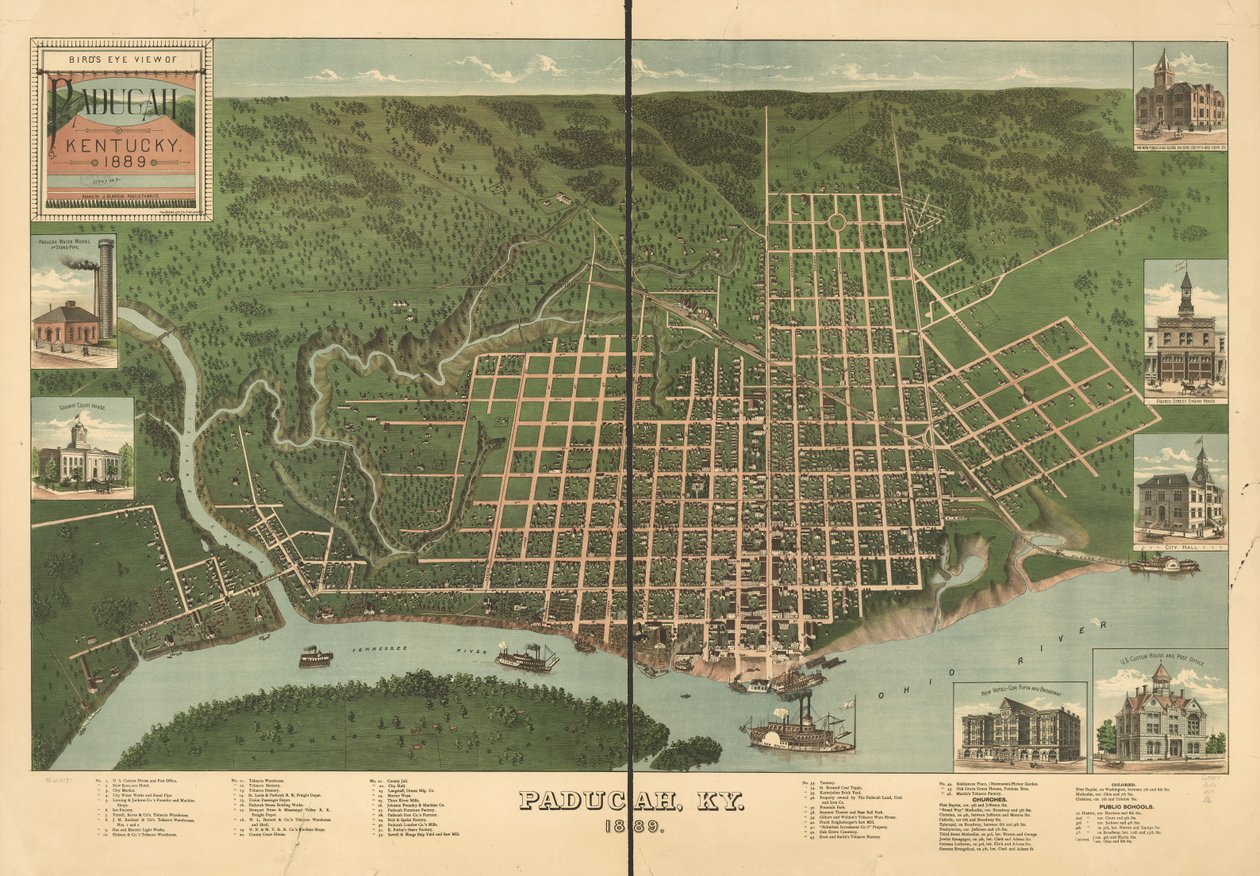 Paducah madártávlatából, Kentucky államban 1889. alkotó: J. Blanton; Krebs Lithographing Company Postlethwaite