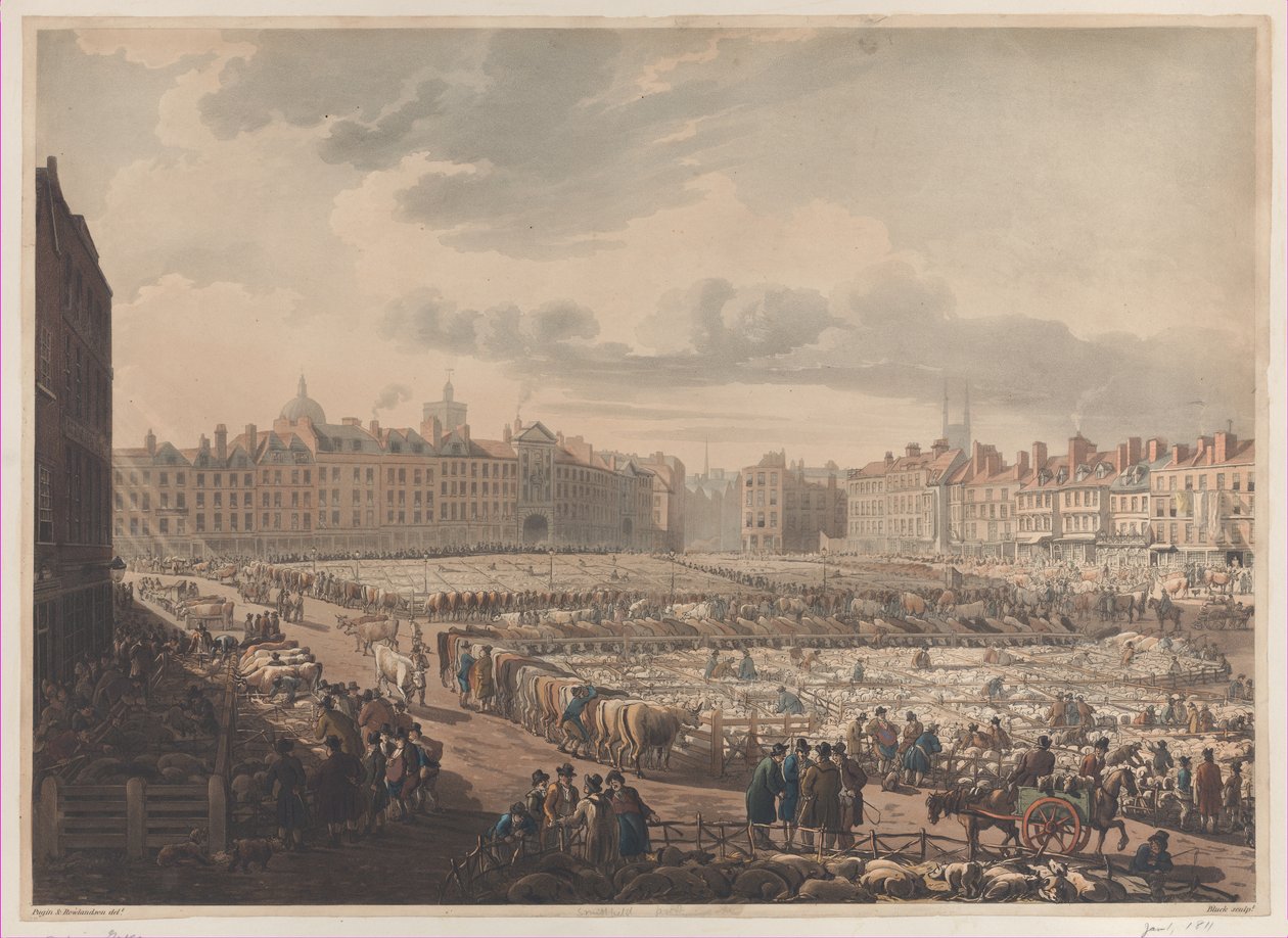 A Smithfield piac madártávlati képe, a Bear & Ragged Stafftól, 1811. január 1. alkotó: J. Bluck