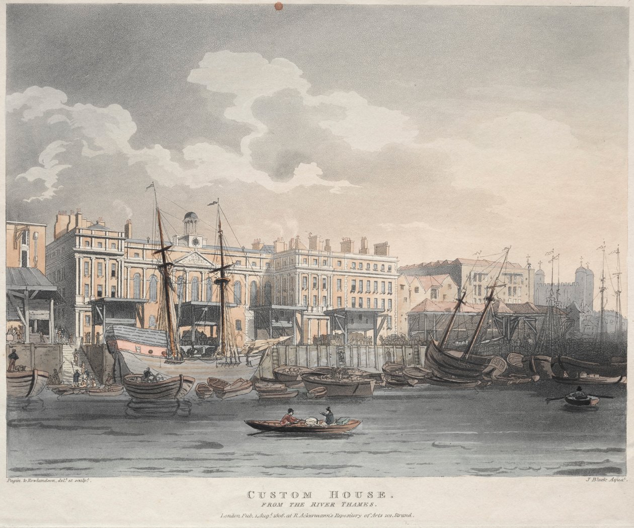 Vámház, a Temze folyótól, 1808. alkotó: J. Bluck
