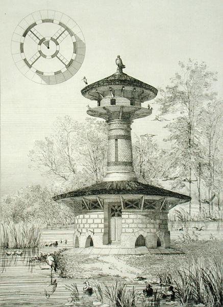 Shelter for Water Fowls at Poissy, a „Constructions et Decorations pour Jardins”-ból, 1880 körül megjelent (metszet) alkotó: J. Boussard