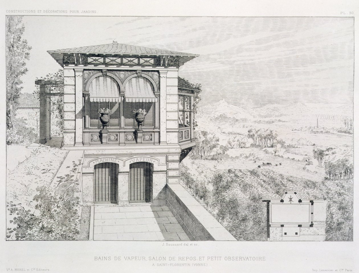 Gőzfürdők, fenti csillagvizsgáló, különböző építészek tervei kötetéből, kocsma. Morel & Cie, Párizs, 1880 körül alkotó: J. Boussard
