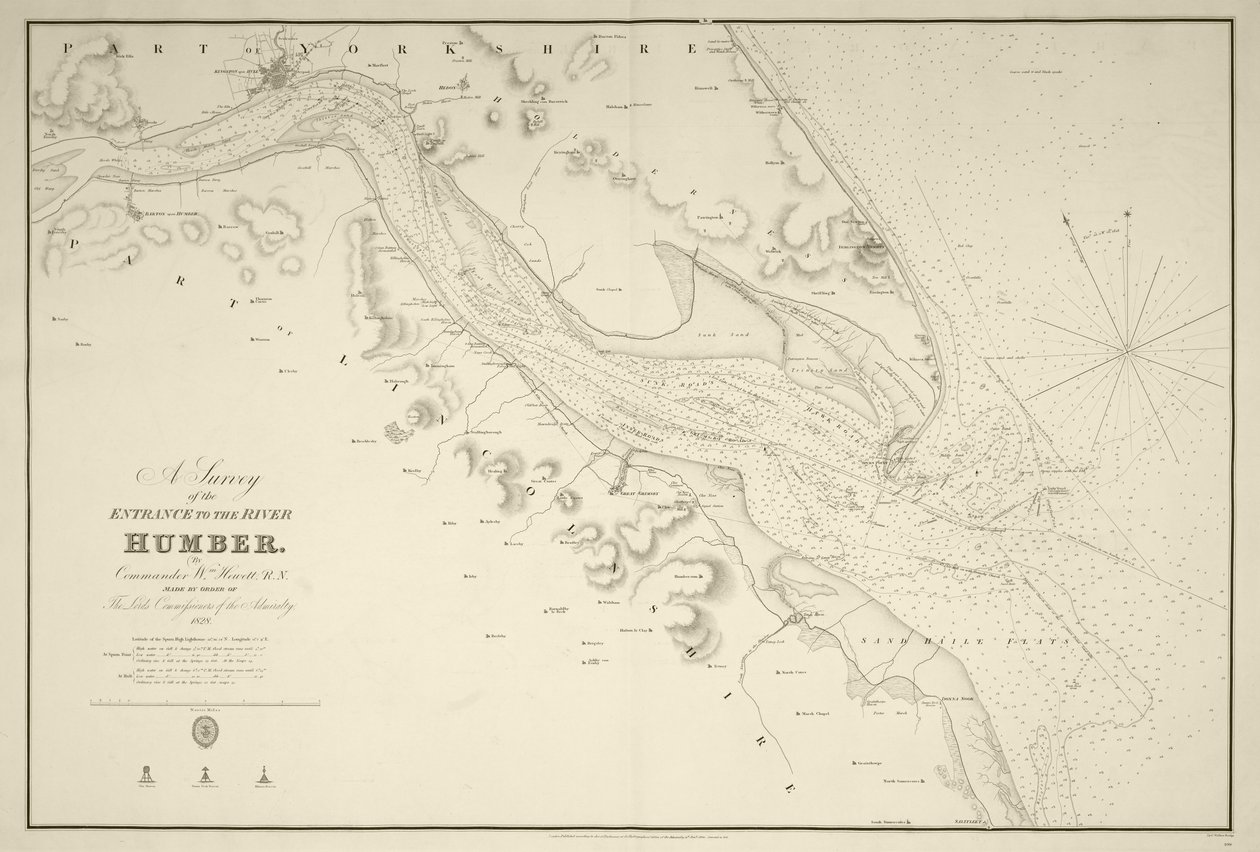 A Humber folyó bejáratának felmérése Williamm Hewett, R.N. parancsnok által, az Admiralitás főparancsnokainak megbízásából 1828-ban. alkotó: J. & C. Walker