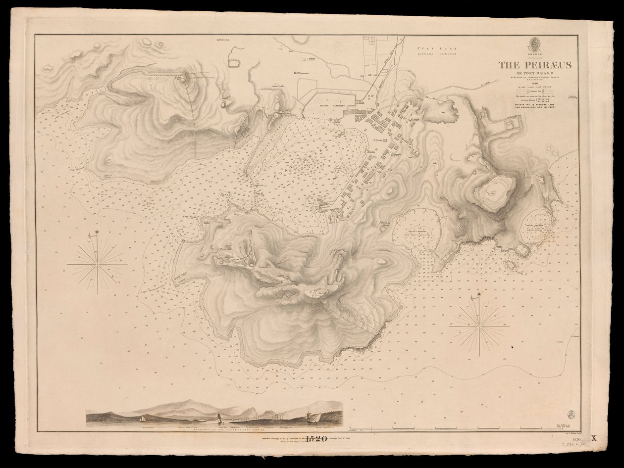 Görögország, a Peiraeus vagy Port Drako felmérése Thomas Graves parancsnok által, H.M.S. Beacon 1840. alkotó: J. & C. Walker