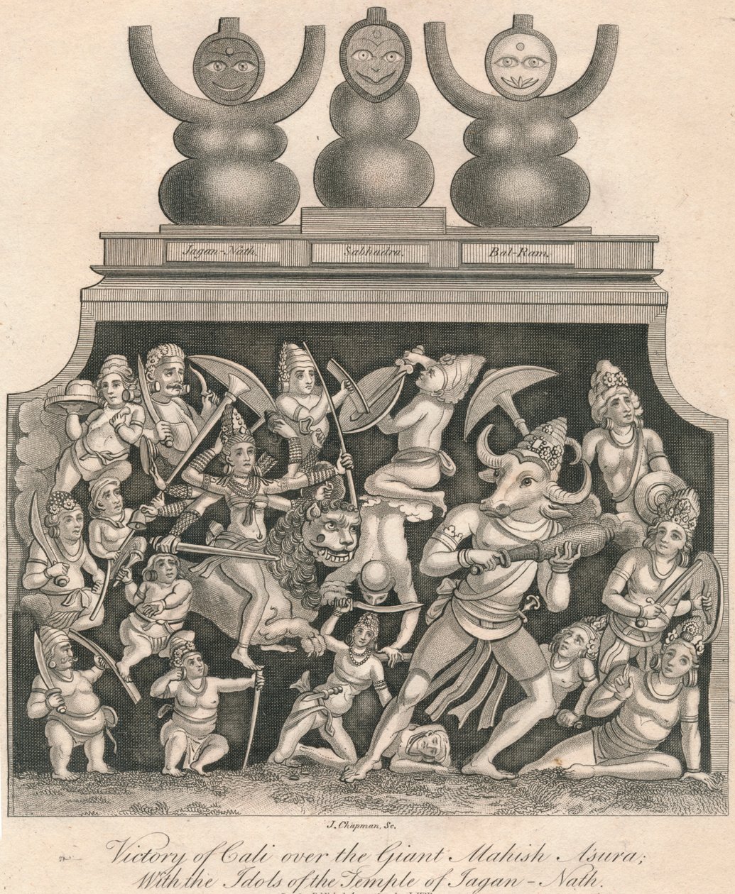 Cali győzelme az óriás Mahishasura felett, Jagannath templomának bálványaival, 1809. alkotó: J. Chapman