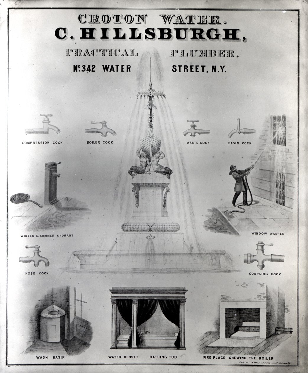 Croton víz. C. Hillsburgh, praktikus vízvezeték-szerelő, sz. 342 Water Street, New York, 1840-es évek alkotó: J. Childs