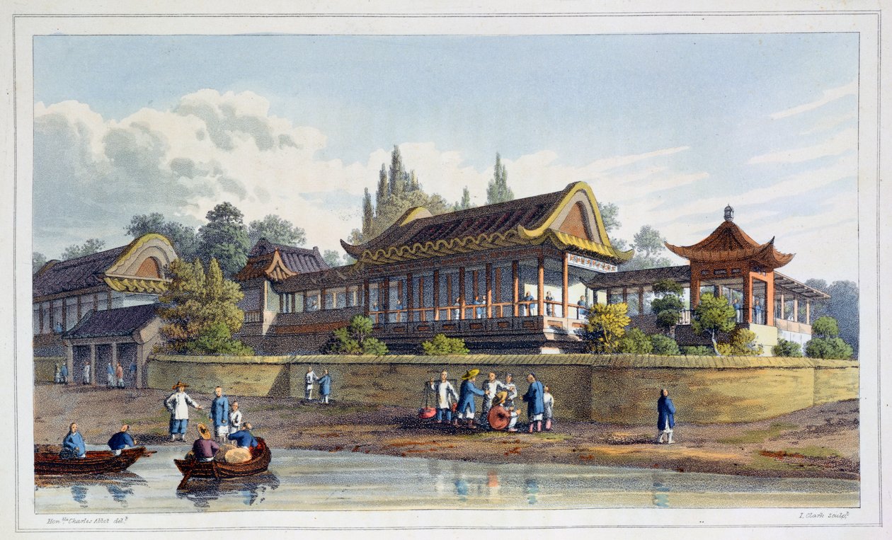 "Császár nyári palotája, Tien-Sing városával szemben", Kína, 1817 alkotó: J Clark