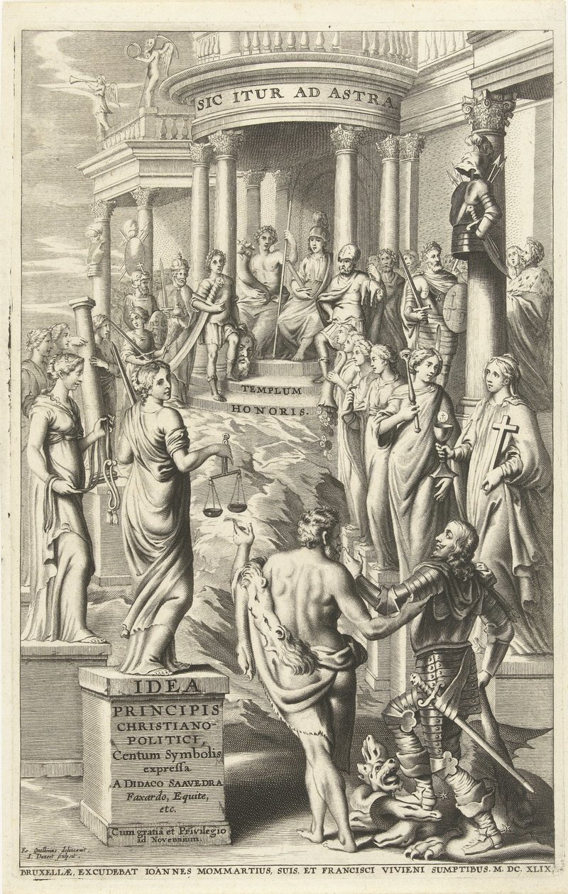 Herkules az erények megszemélyesítésein túl az örök hírnév templomába vezeti az embert Címlap ehhez: Idea principis christiano-politica, Centum Symbolis expressa, Brüsszel 1649 (cím a tárgyon) alkotó: J. Danoot