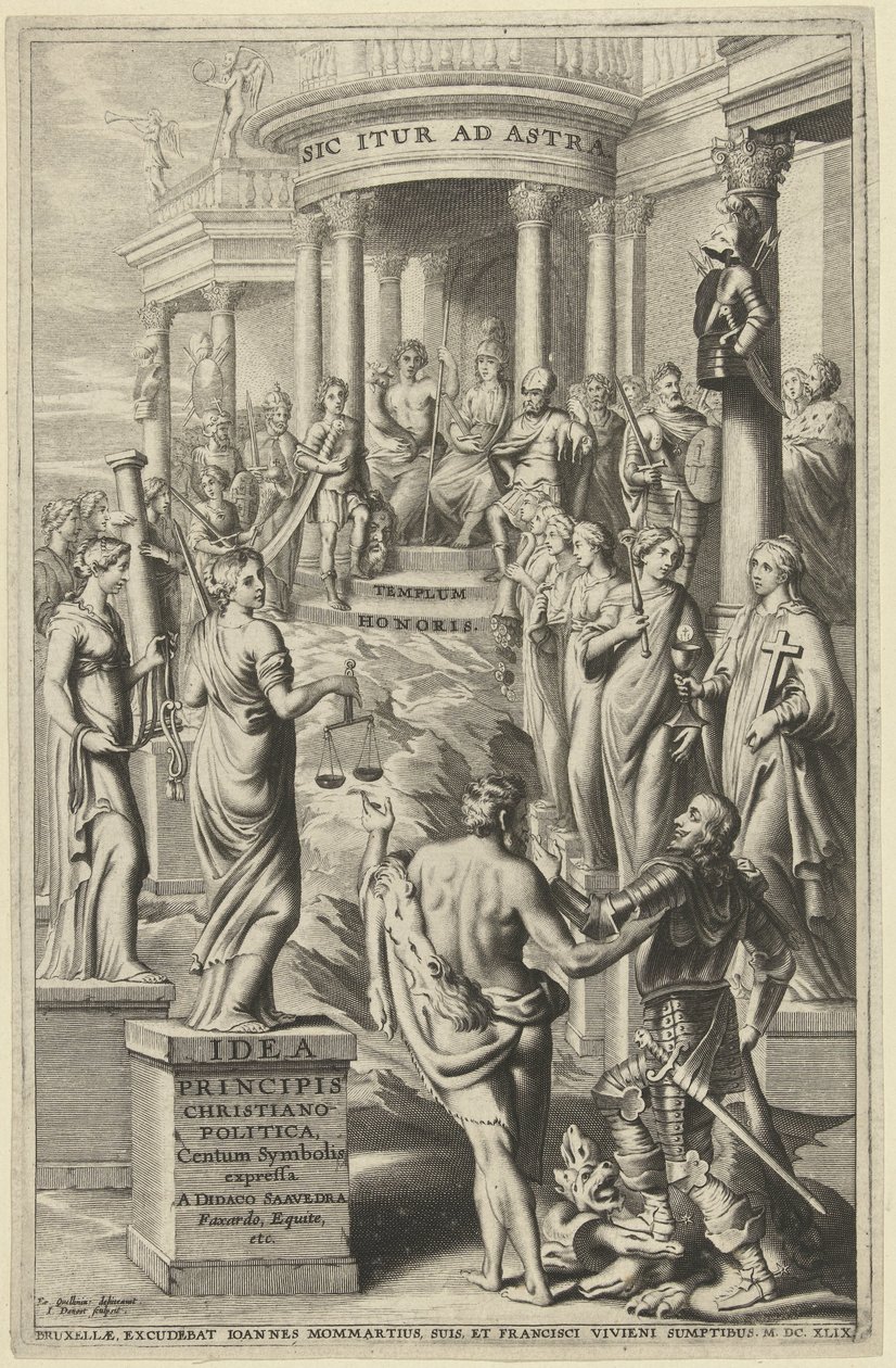 Herkules az erények megszemélyesítésein túl az örök hírnév templomába vezeti az embert Címlap ehhez: Idea principis christiano-politica, Centum Symbolis expressa, Brüsszel 1649 alkotó: J. Danoot