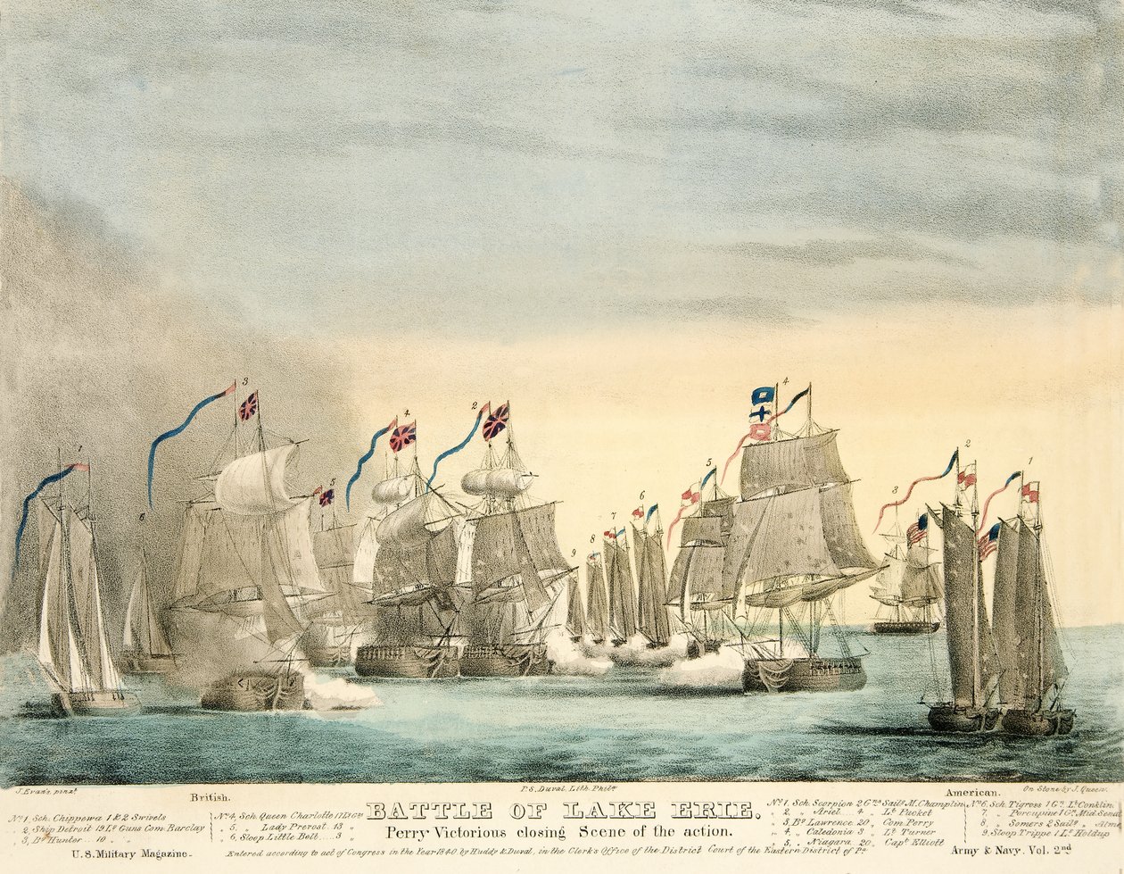 Erie-tói csata. Perry Győztes zárójelenet az akcióból az Army and Navy Magazine-ból, pub. 1840 (színes metszet) alkotó: J. Evans