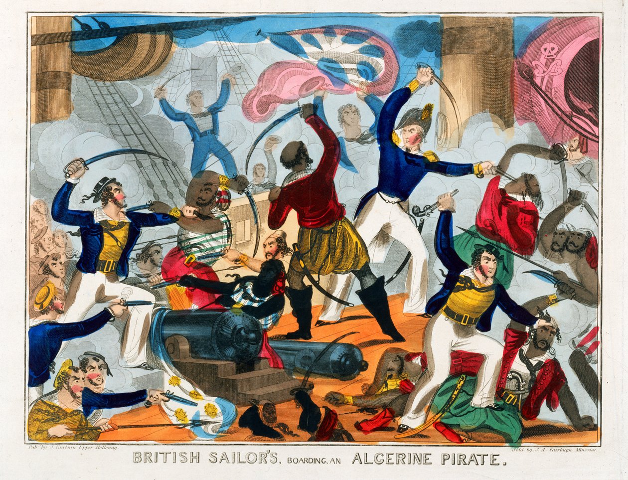 Brit tengerészek egy algériai kalózhajó fedélzetén (színes metszet) alkotó: J. Fairburn