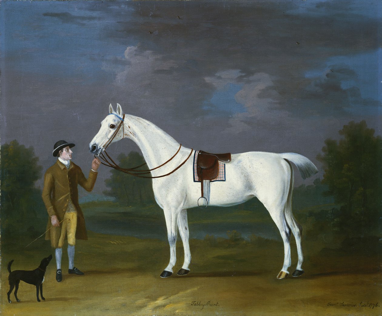 Cirmos Runt", szürke vadász gazdájával és terrierrel a folyón, 1776 alkotó: J. Francis Sartorius