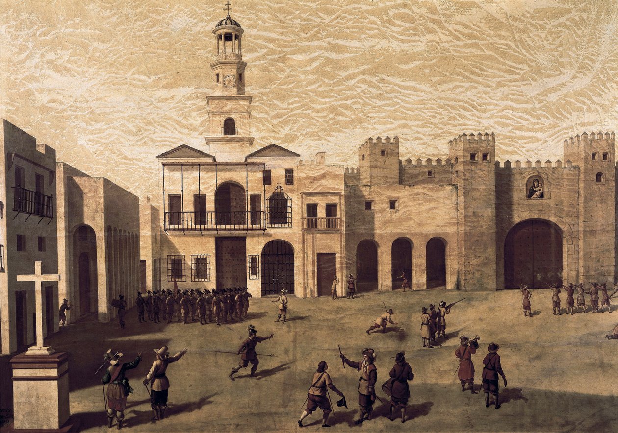 Kilátás a San Juan de Dios térre (Isten Szent János) és a cádizi városházára, 1596-ban. J.Garcia festménye (16.). Olajfestmény alkotó: J. Garcia