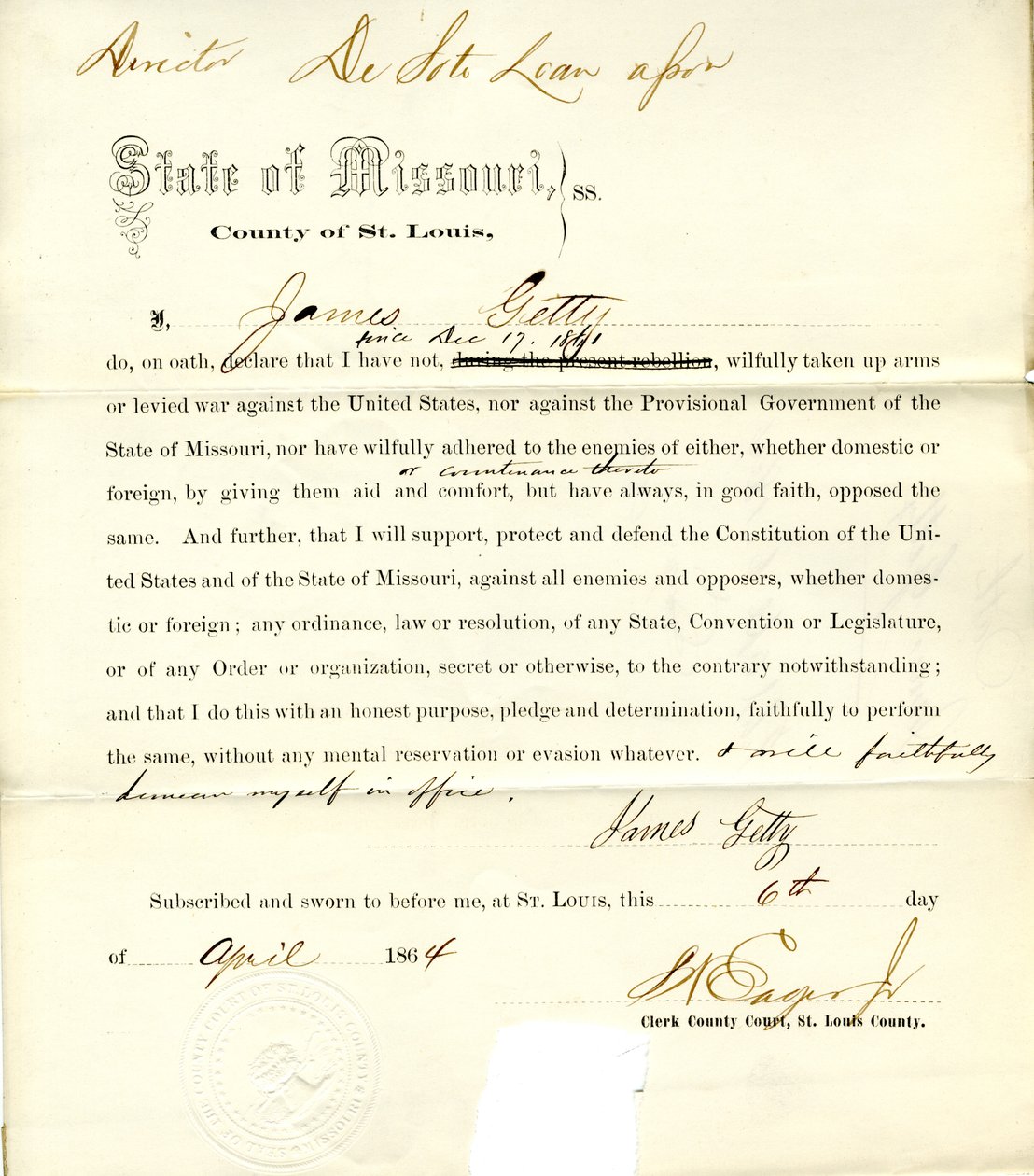 James Getty hűség esküje Missouri államból, St. Louis megyéből alkotó: J. Getty
