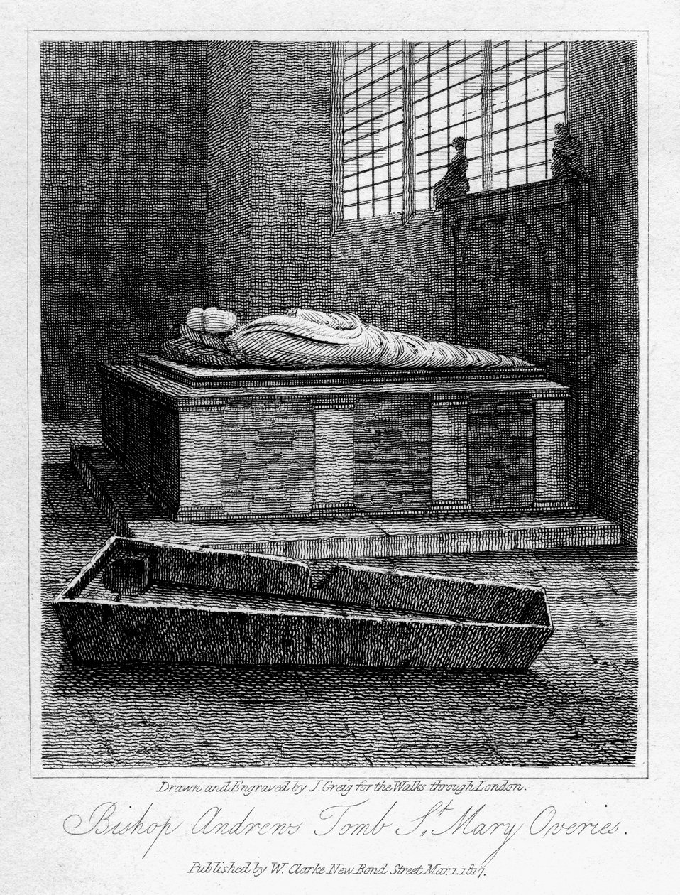 Andrews püspök sírja, St Mary Overies templom, Southwark, London, 1817. alkotó: J. Greig