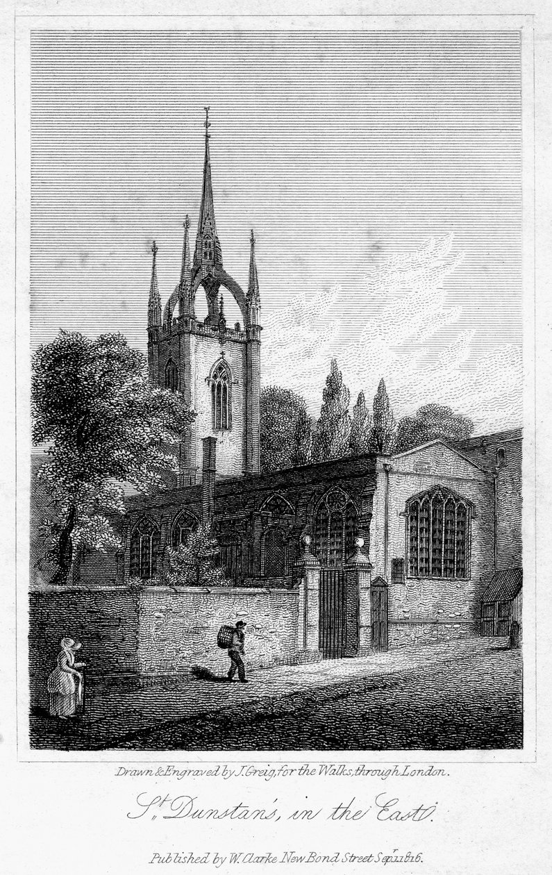St Dunstan templom keleten, London City, 1816. alkotó: J. Greig