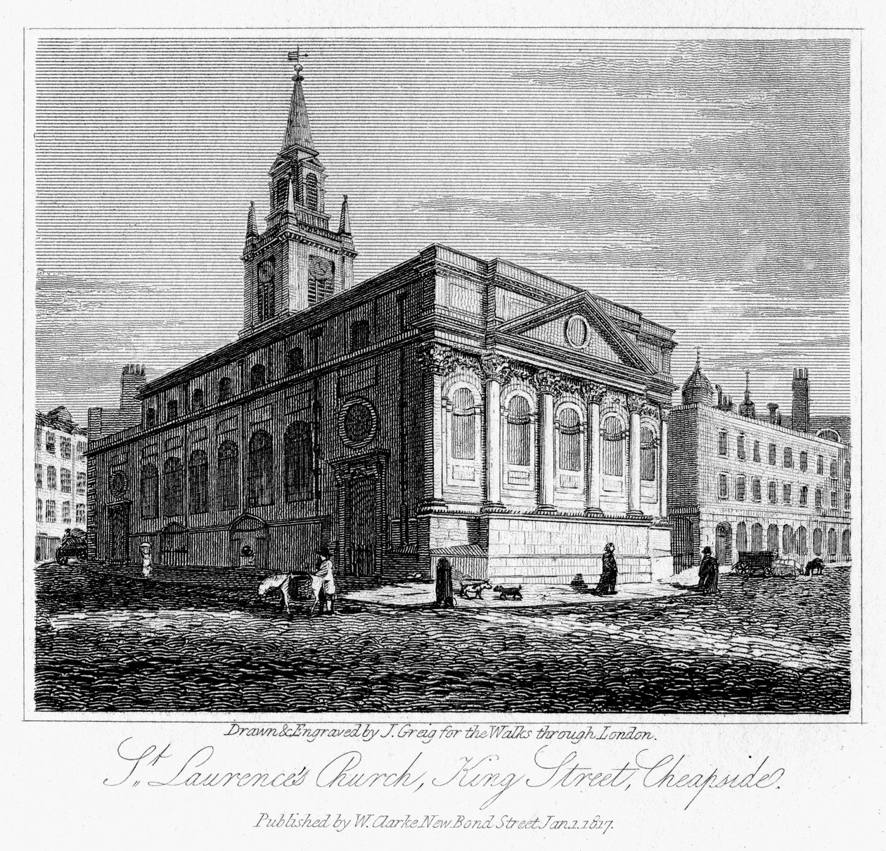St Laurences templom, King Street, Cheapside, London, 1817. alkotó: J. Greig