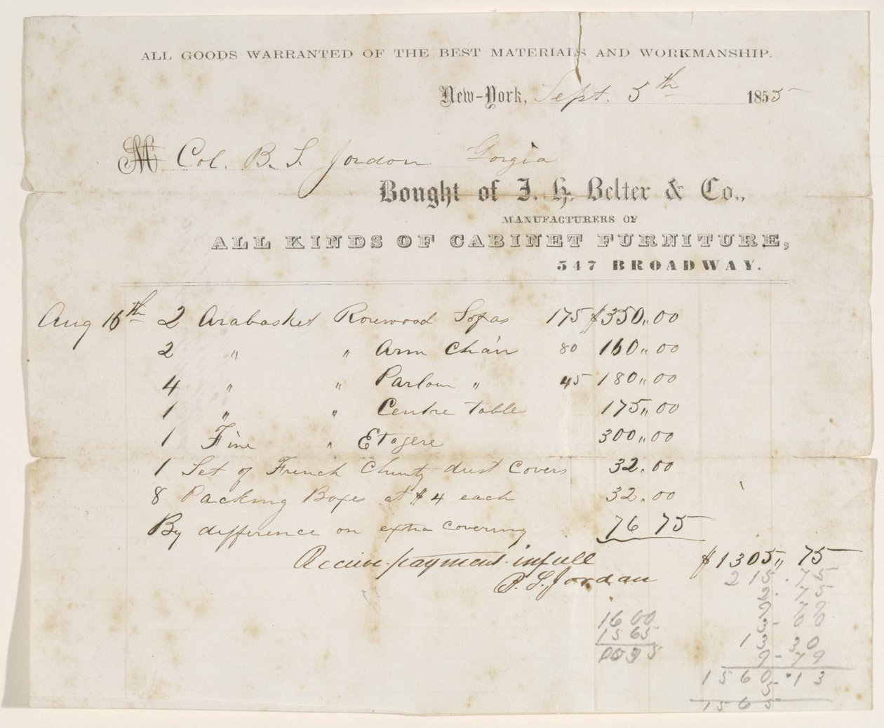 Adásvételi számla B. S. Jordan ezredesnek, 1855. szeptember 5. (tinta papíron) alkotó: J. H. Belter and Co. J. H. Belter and Co.