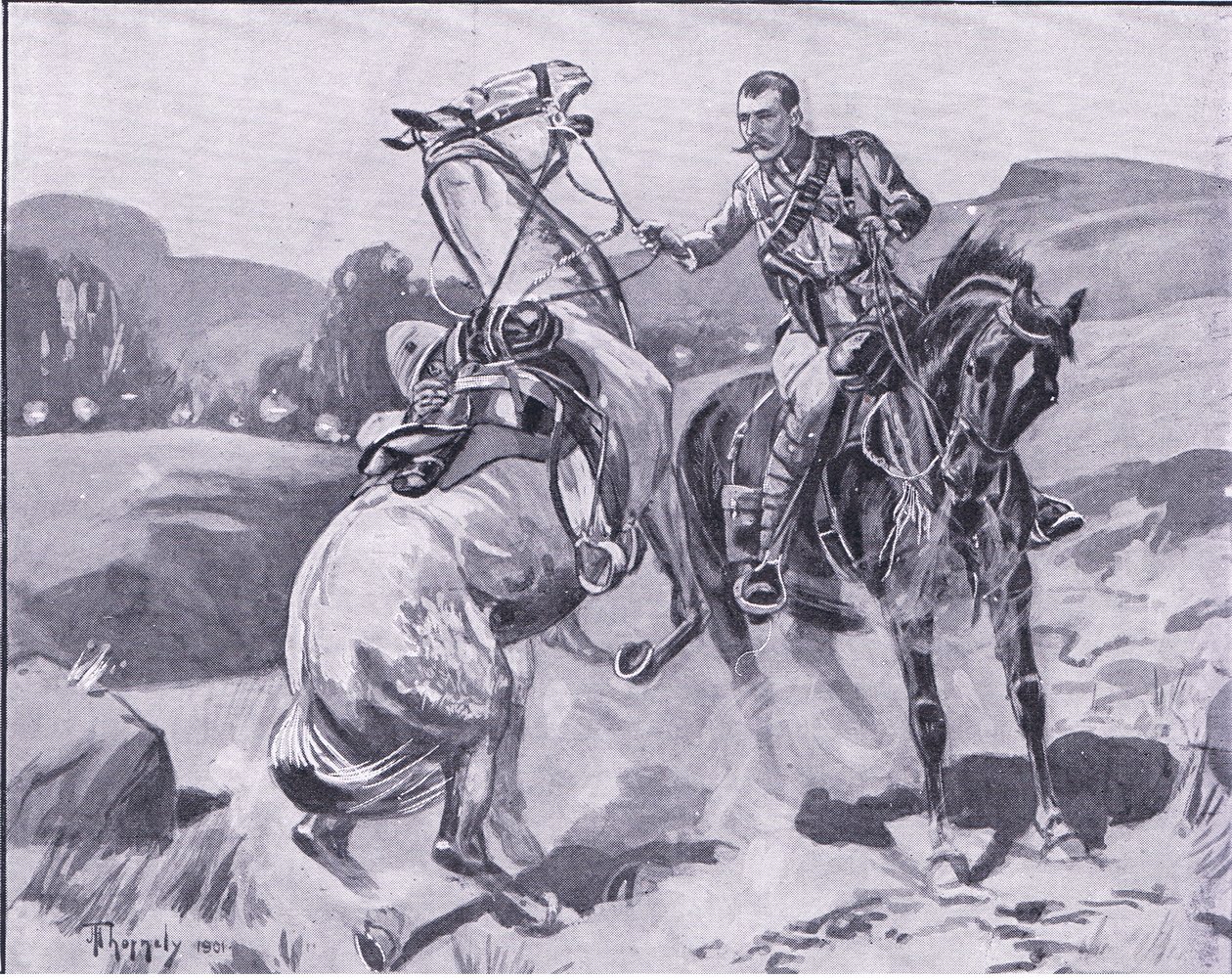 Brown őrnagy, 14. huszárok, liet Browns lovat erős tűz alatt tartva, illusztráció a Pretoria után: A gerillaháború, 1902 alkotó: J. H. Thorneley