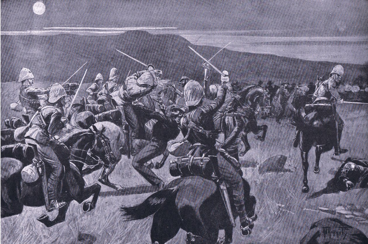 A 19. huszárok holdfényes rohama nr Steenkampsberg, illusztráció az After Pretoria: The Guerilla War című filmből alkotó: J. H. Thorneley