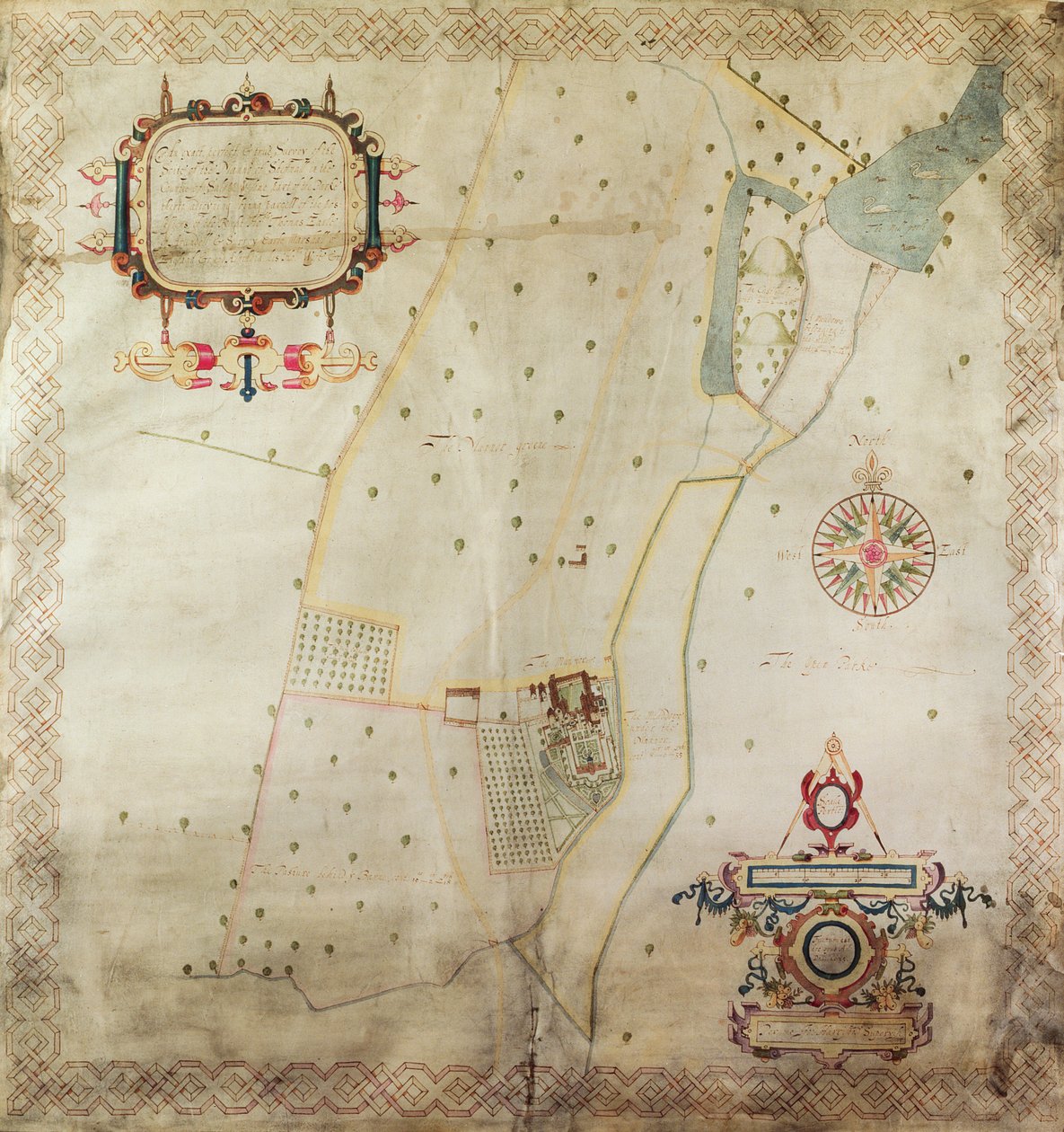 A Shifnal kastély térképe, Shropshire, 1635 (tinta és szín a pergamen) alkotó: J. Harrison