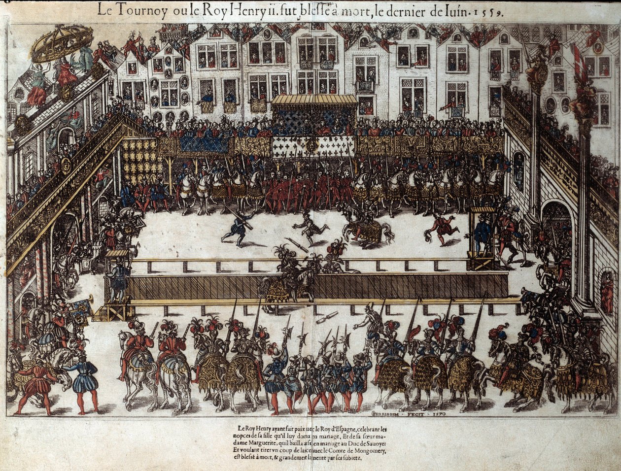 II. Henri torna és halála (1559. június 30.): lánya esküvőjén (jelenleg Place des vosges) harcolt Gabriel de Montgomery, skót gárdája kapitánya ellen, aki lándzsával a szemébe bántja. századi metszete Pe alkotó: J. J. and Tortorel J. (fl.1568 92) Perrissin