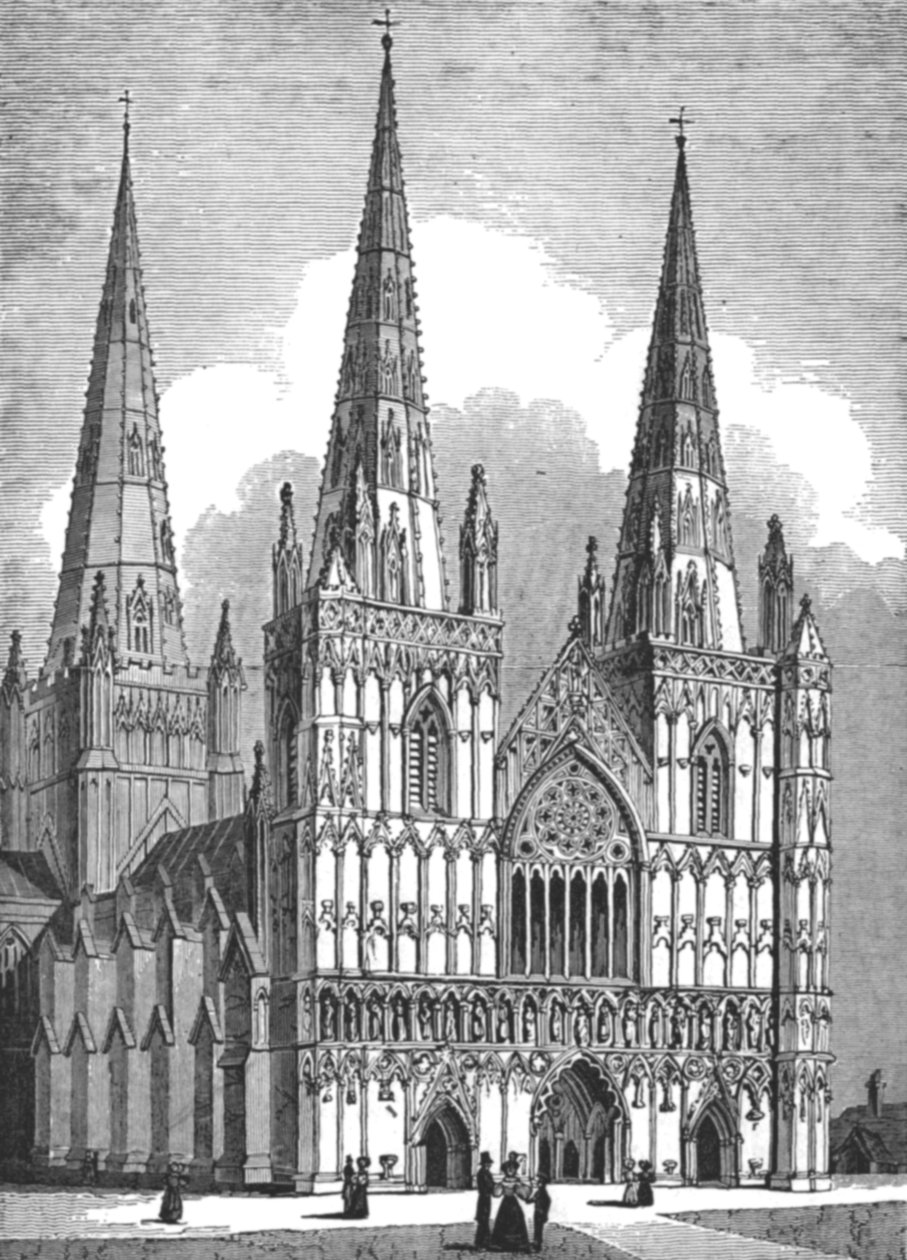 Lichfield katedrális nyugati frontja, Staffordshire, 1843 alkotó: J. Jackson