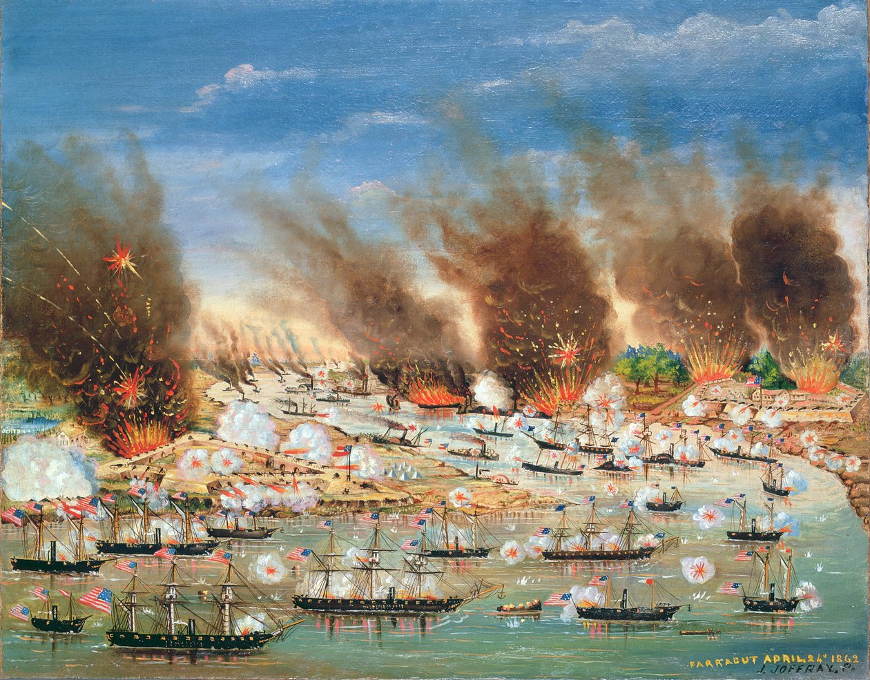 A Farraguts flotta elhaladt Fort Jackson és Fort St. Philip mellett, 1862 alkotó: J. Joffray