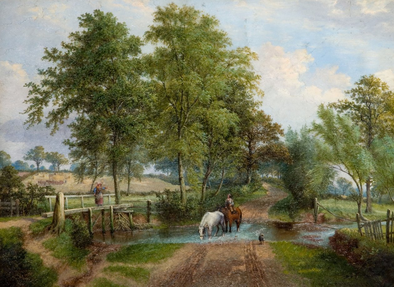 Vidéki jelenet lovakkal a pataknál, 1870-es évek. alkotó: J. Jolly