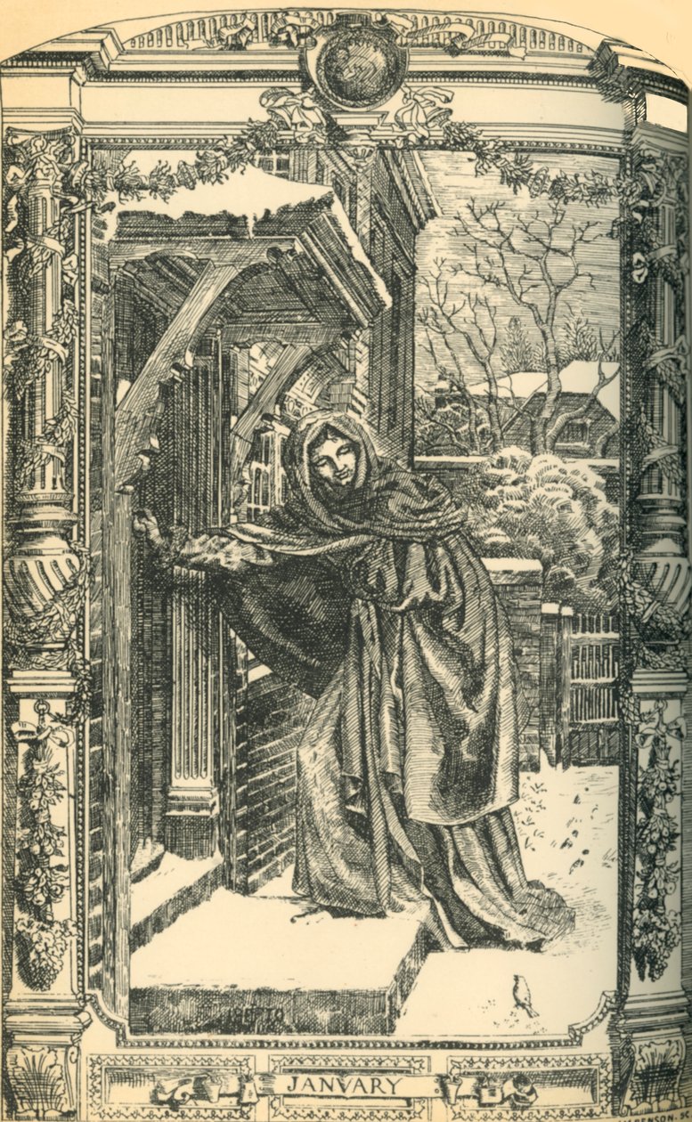 "Január", dekoratív fali csempék, 1860-as évek, 1881. alkotó: J M Benson