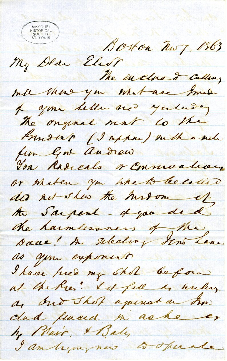 Levél aláírásával J.M.F. [J.M. Forbes], Boston, Eliothoz [William G. Eliot], 1863. november 7 alkotó: J. M. Forbes
