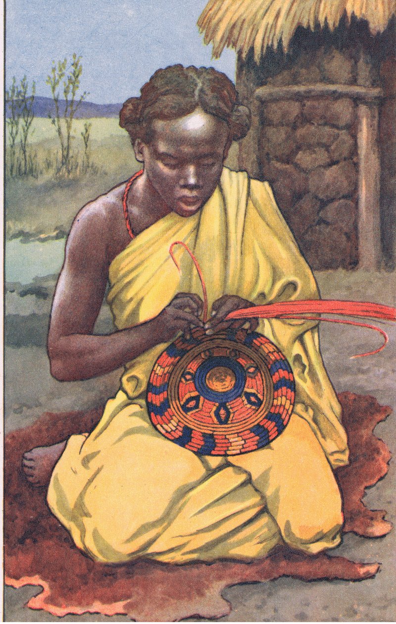 A Raffia munkás, MacMillan iskolai plakátokról, 1950-60-as évek (színes litó) alkotó: J. Macfarlane