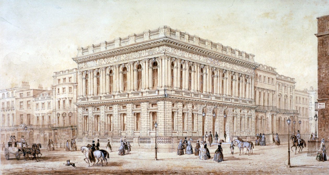 Kilátás a hadsereg és a haditengerészet klubjára a Pall Mall bevásárlóközpontban, Westminster, London, c1853 alkotó: J Marchant