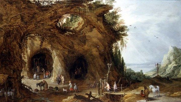 Zarándokok egy szentélynél egy hegyvidéki tájon (olaj, panel) alkotó: J. and Momper J. de Brueghel