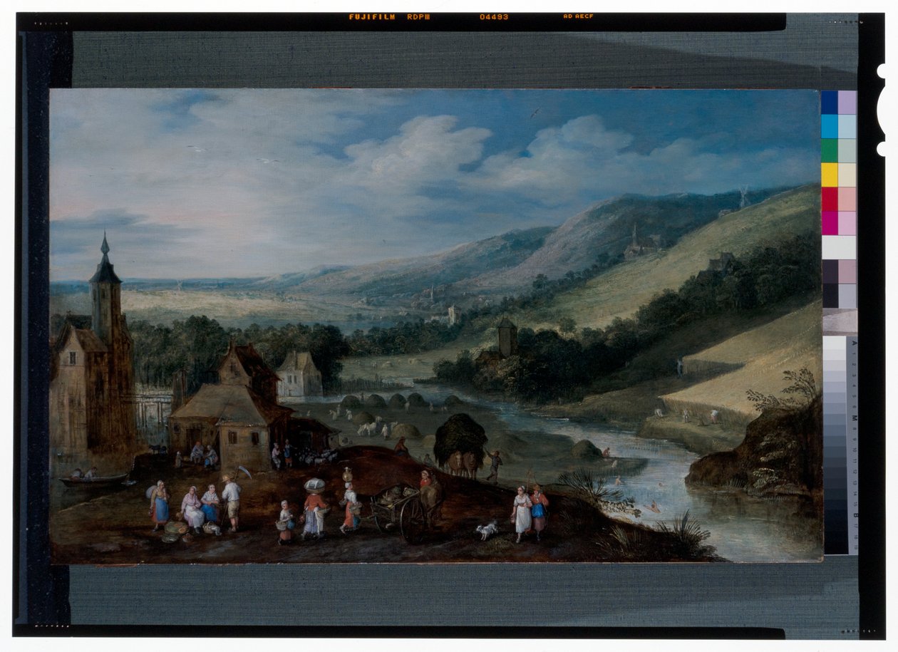 Kiterjedt folyami táj, parasztok gyűjtik a betakarítást alkotó: J. & Momper J. de (1564 1635) Brueghel