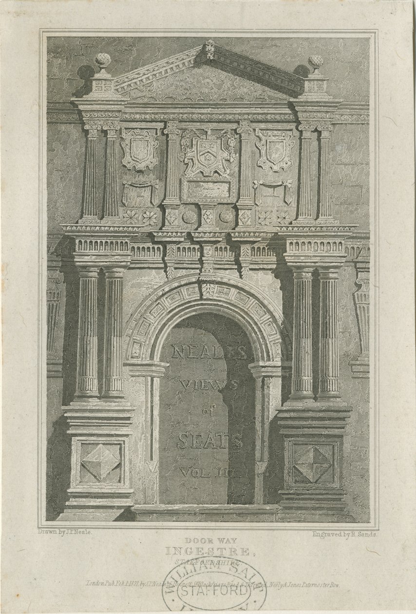 Ingestre Hall - Bejárati ajtó: metszet, nd [c 1821] (nyomat) alkotó: John Preston Neale