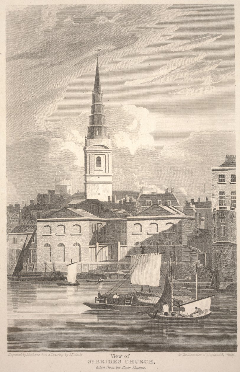 Kilátás a St. Brides templomra, a Temze folyóból, Matthews metszetével alkotó: John Preston Neale