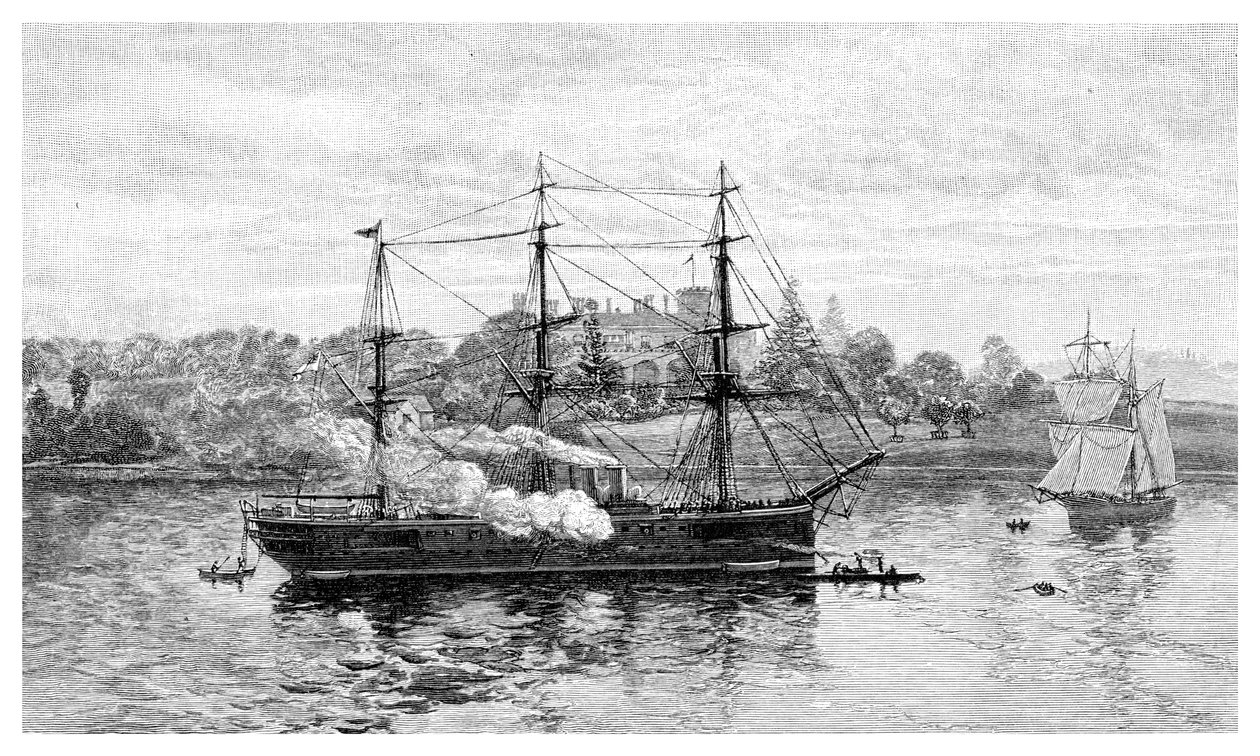 Kormányház és HMS Nelson, Sydney, Új-Dél-Wales, Ausztrália, 1886. alkotó: J. R. Ashton