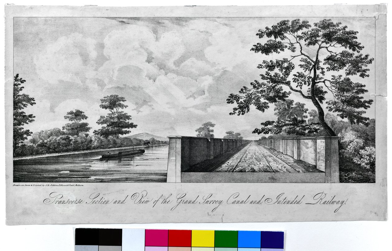 A Grand Surrey-csatorna és a tervezett vasútvonal keresztmetszete és nézete, 1835 körül (litográfia, papír) alkotó: J. R. Jobbins