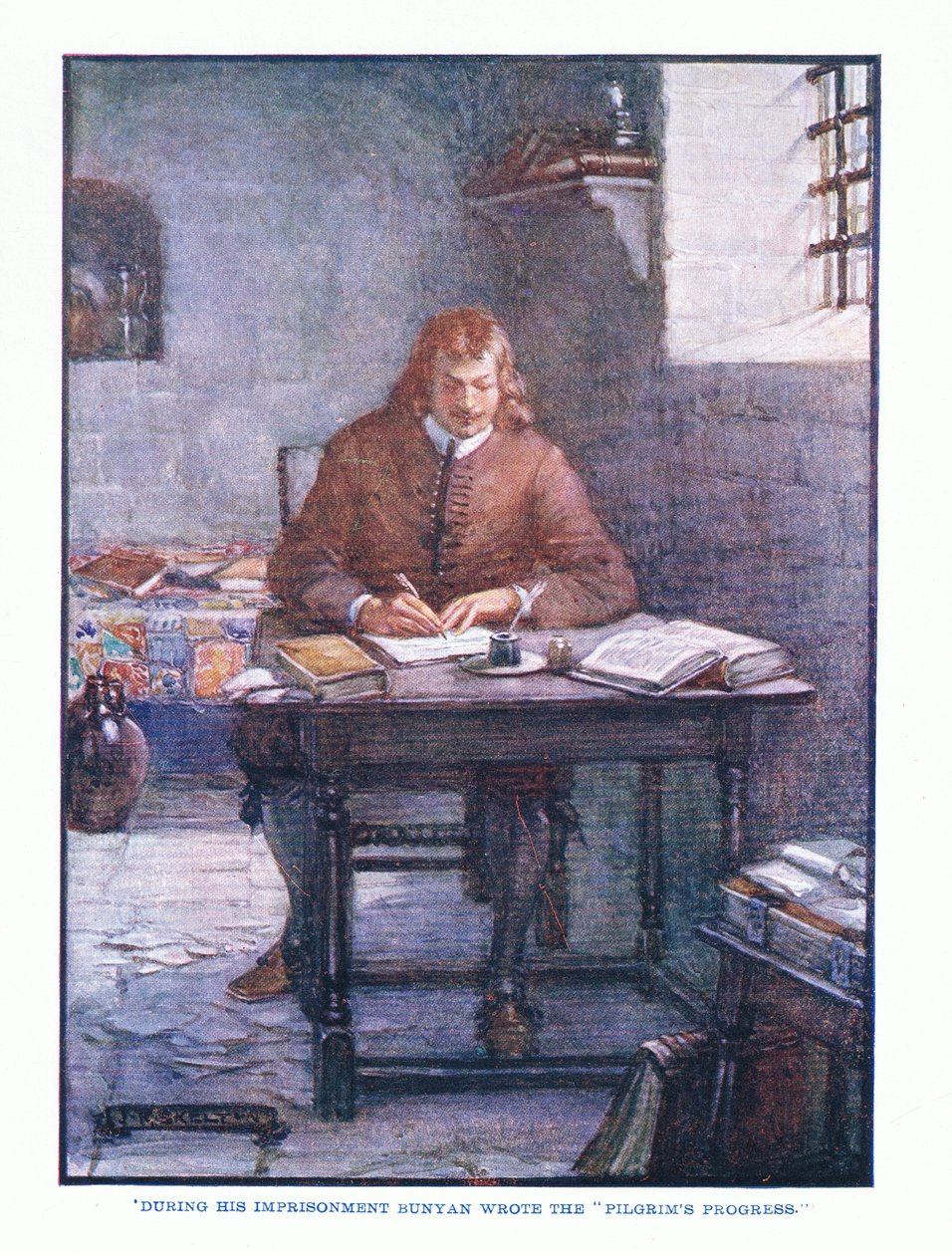 Bebörtönzése alatt Bunyan megírta a The Pilgrims Progress című könyvet, az English Literature pub. by T C & EC Jack, 1920 körül alkotó: J. R. Skelton