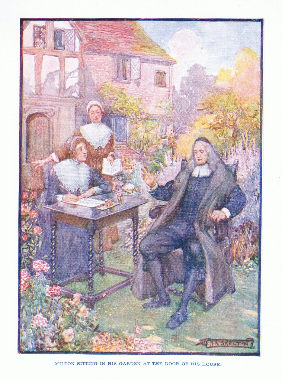 Milton a kertjében ül a háza ajtaja előtt, az English Literature pub. by T C & EC Jack, 1920 körül alkotó: J. R. Skelton