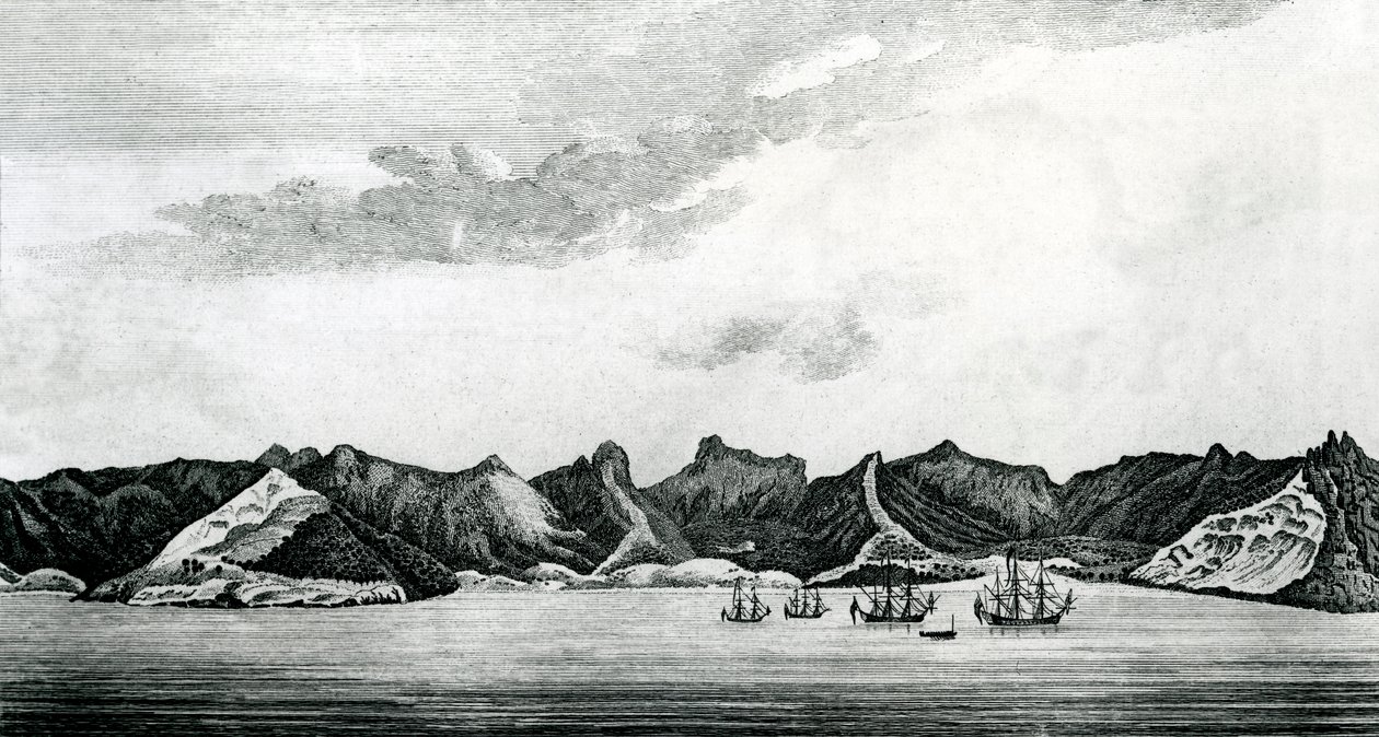 Cumberland-öböl kilátása Juan Fernandes szigetén, 1745 körül (metszet) alkotó: J. S. Mason