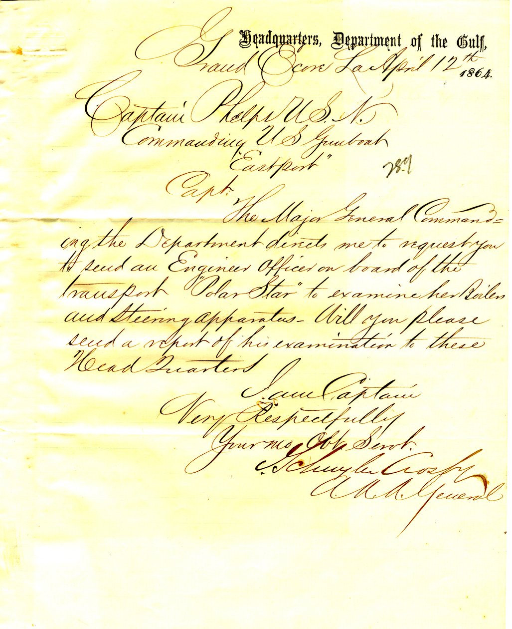 J. Schuyler Crosby levele, Grand Ecore, Louisiana, Seth Ledyard Phelpsnek, az Egyesült Államok Eastport parancsnokának, 1864. április 12. alkotó: J. Schuyler Crosby