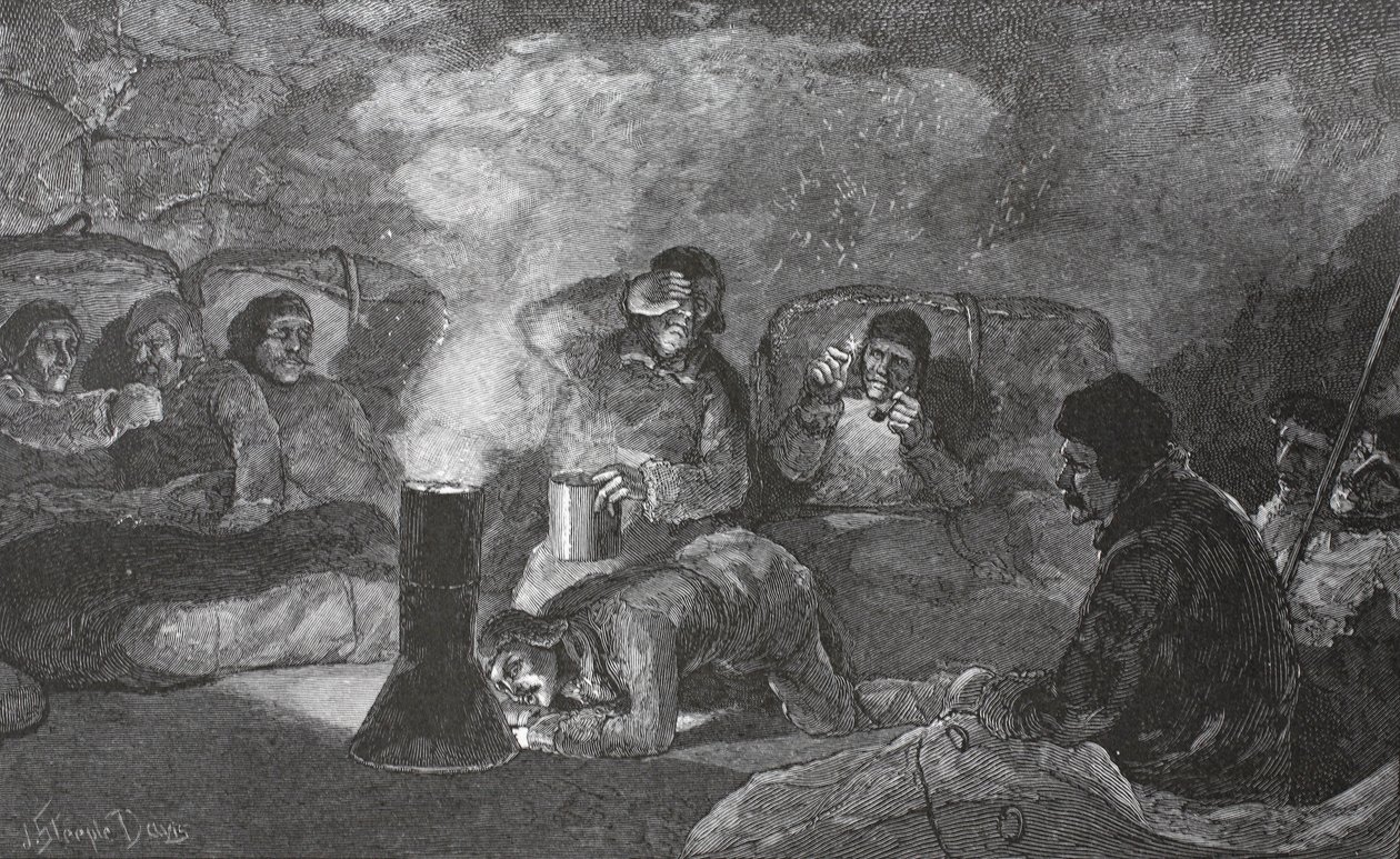 Téli kunyhónk belseje a Camp Clay-ben, főzés közben, 1883-as kocsma. London 1886 alkotó: J. Steeple Davis