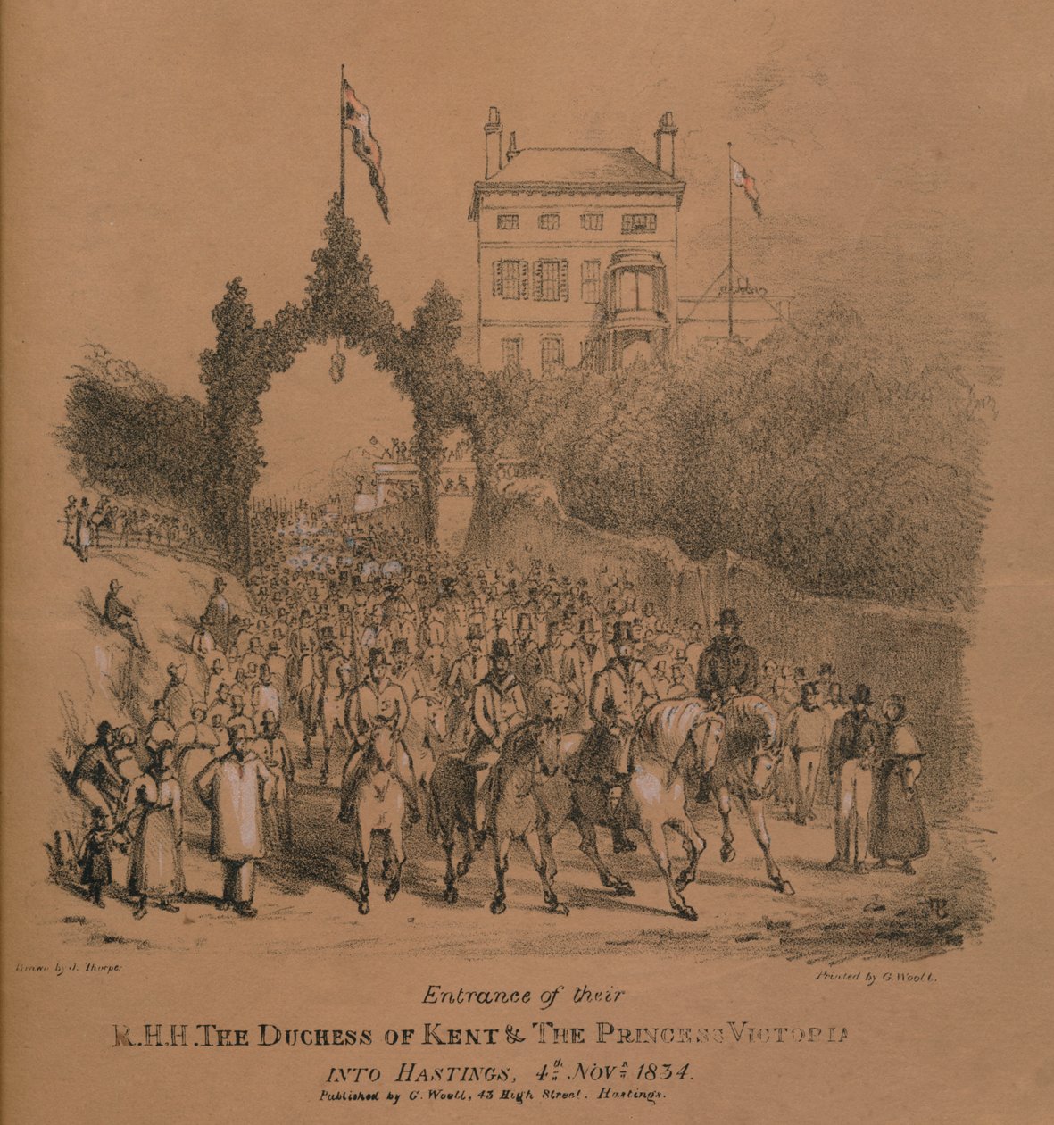 Az R.H.H. bejárata. Kent hercegné és Viktória hercegnő Hastingsben alkotó: J. Thorpe