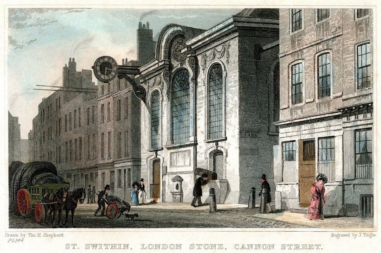 Szent Swithin templom és a londoni kő, Cannon Street, londoni város, 1830 körül. alkotó: J. Tingle