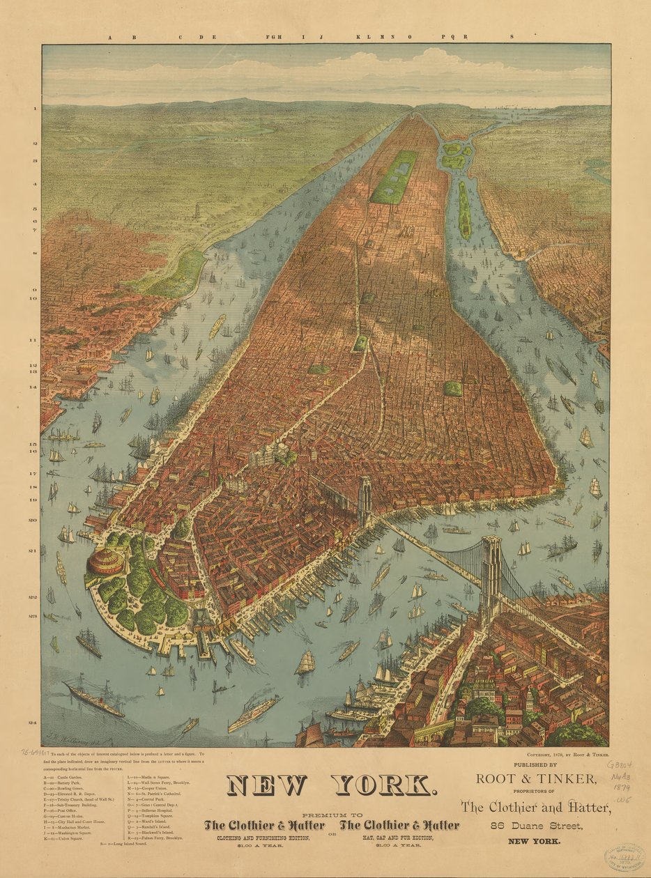 A perspektivikus térkép nem méretarányosan készült. New York alkotó: J. W. Root and Tinker Williams